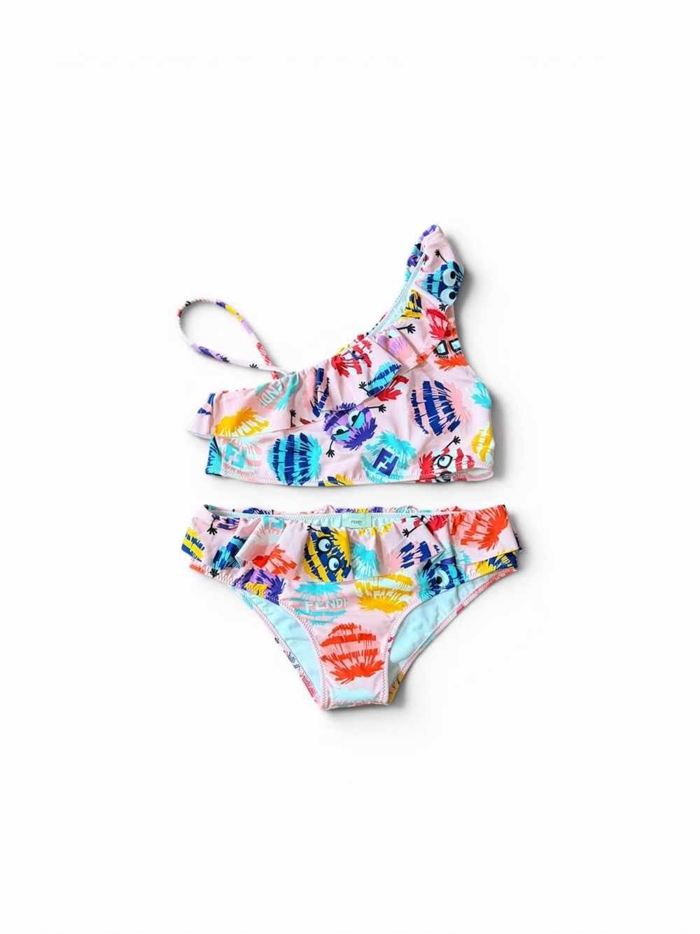Fendi Pink Multicolor Ruffle One-Shoulder Kids Bikini New without tags